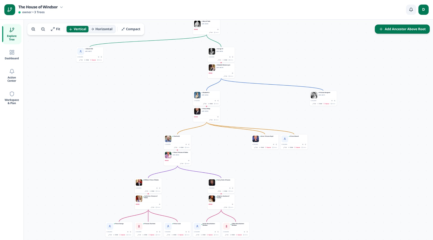 A family tree shown in the app, several generations deep, with photos and connecting lines between family members